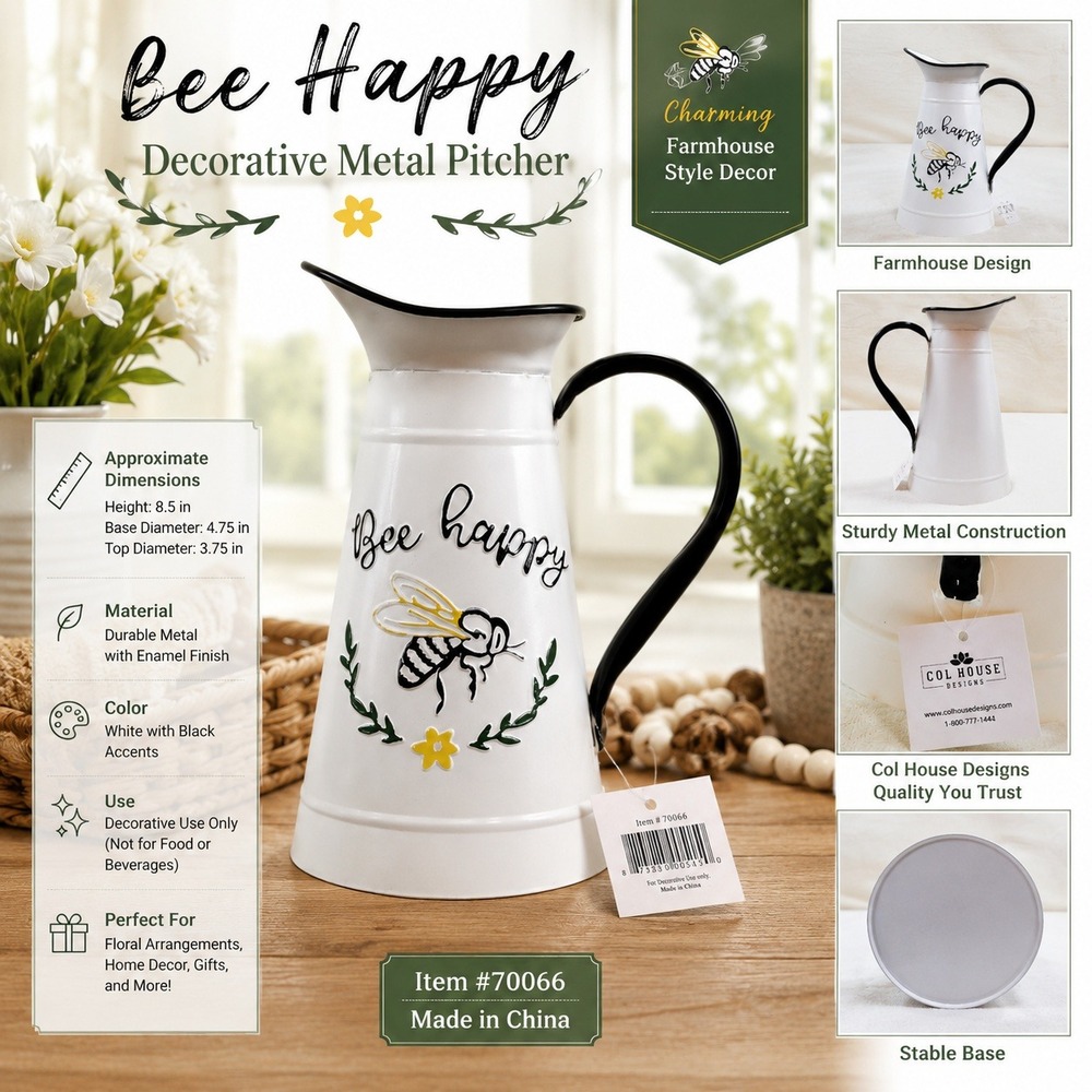 Col House Designs Bee Happy White Metal Decorative Pitcher Farmhouse Vase 70066